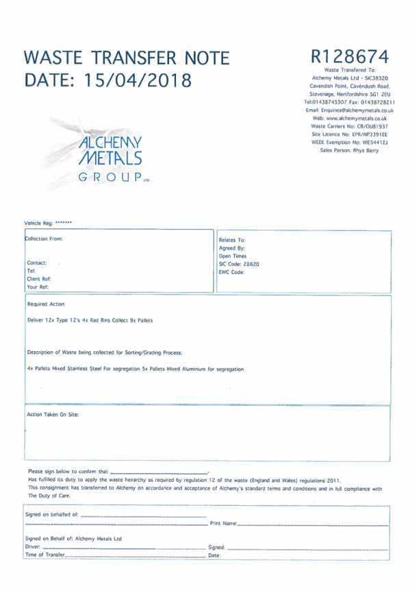 Sample Waste Transfer Note